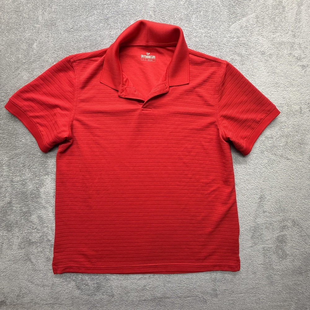 Outdoor Life Polo Shirt Mens Large Red Textured Stripe Short Sleeve Polyester